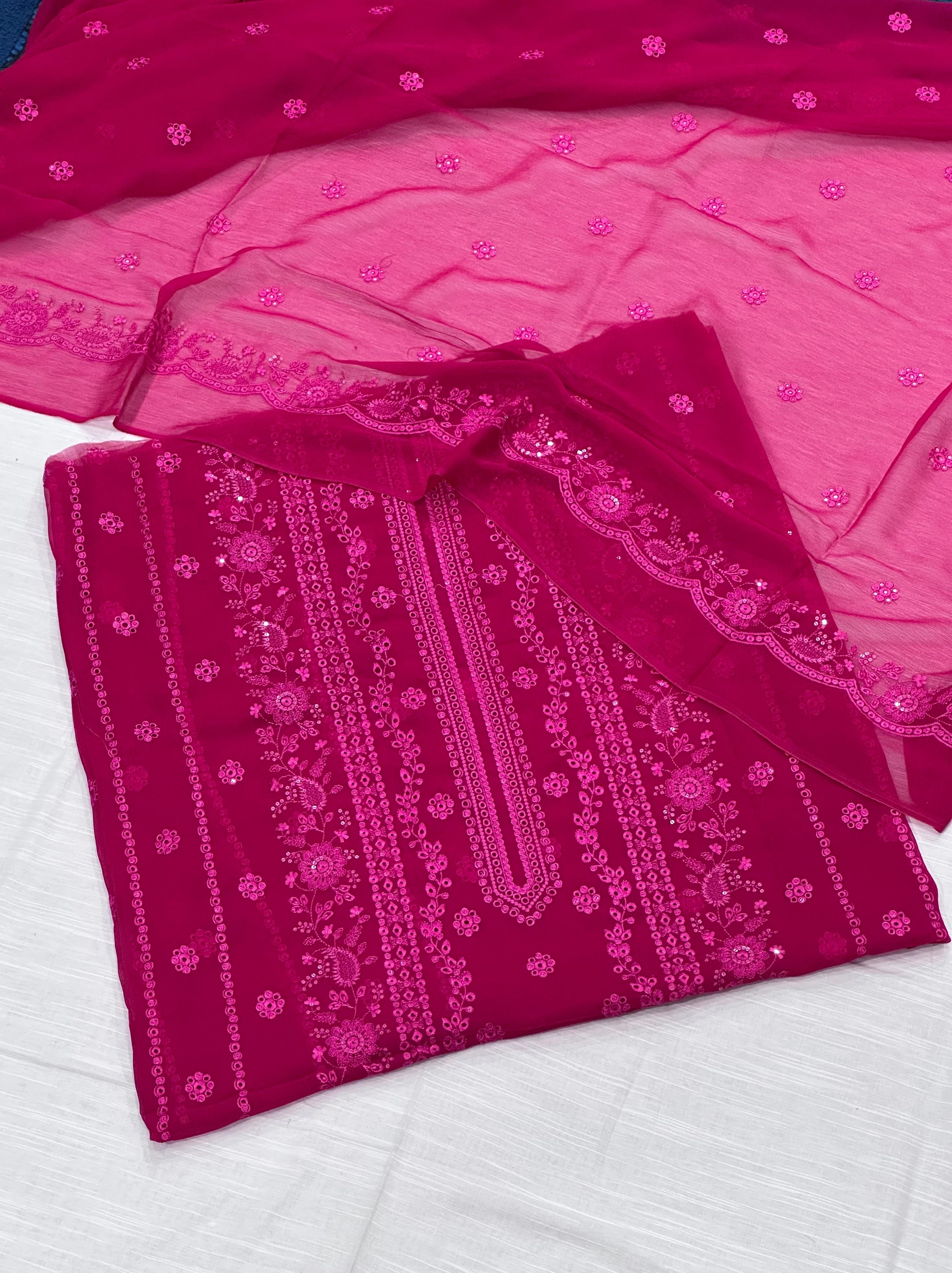 Neck design shocking Pink Pure China crinkle Chiffoun