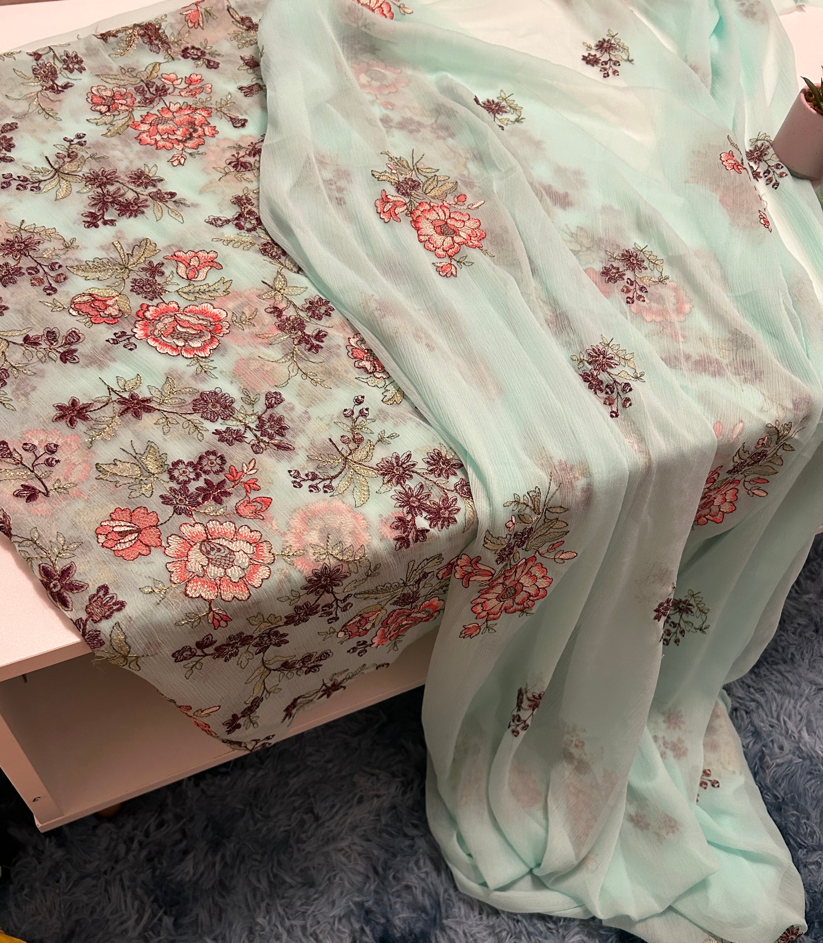 Pure Chiffon 4 Piece Unstitched Suit Bareeze Style Ferozi Color