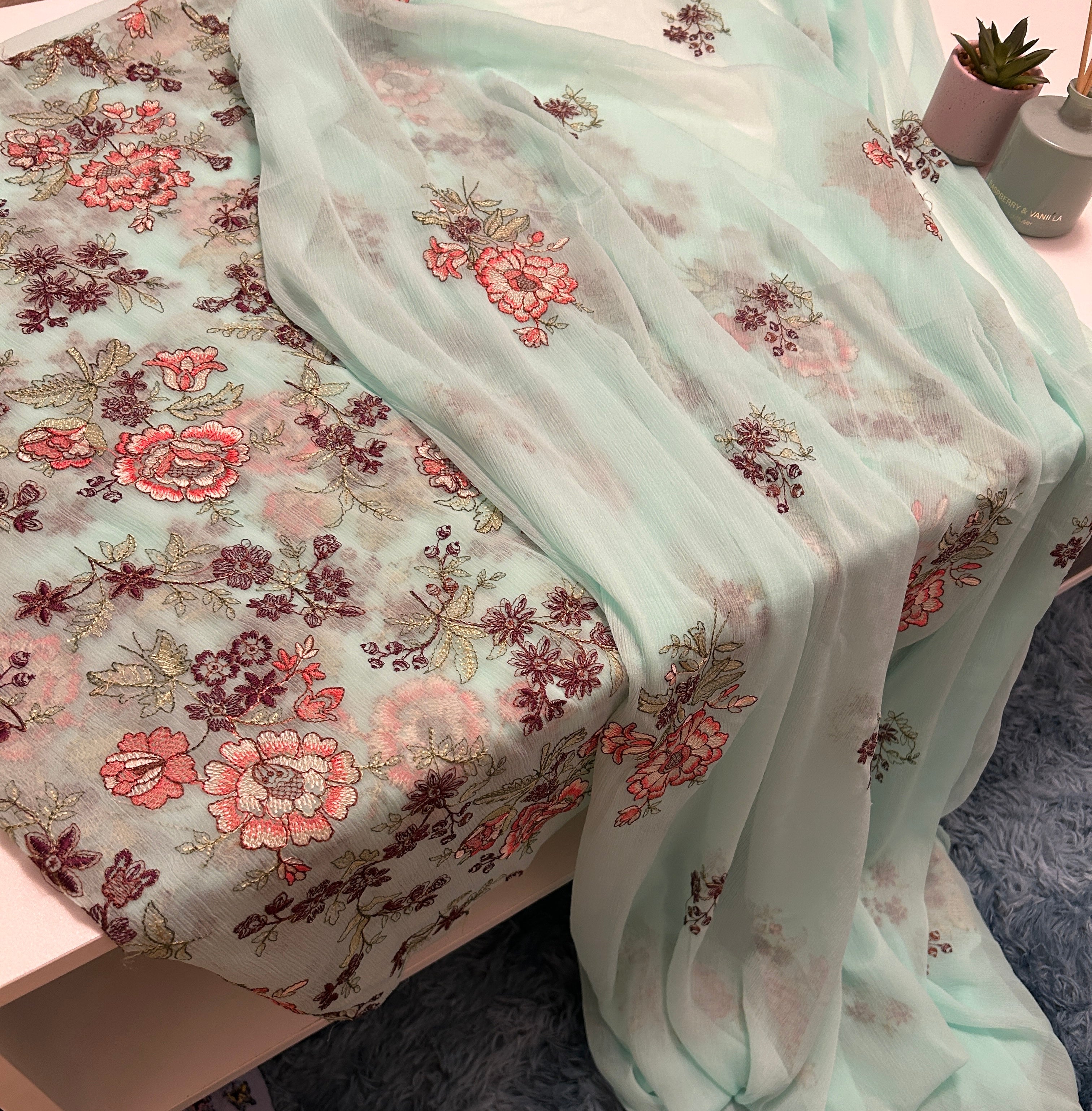 Pure Chiffon 4 Piece Unstitched Suit Bareeze Style Ferozi Color