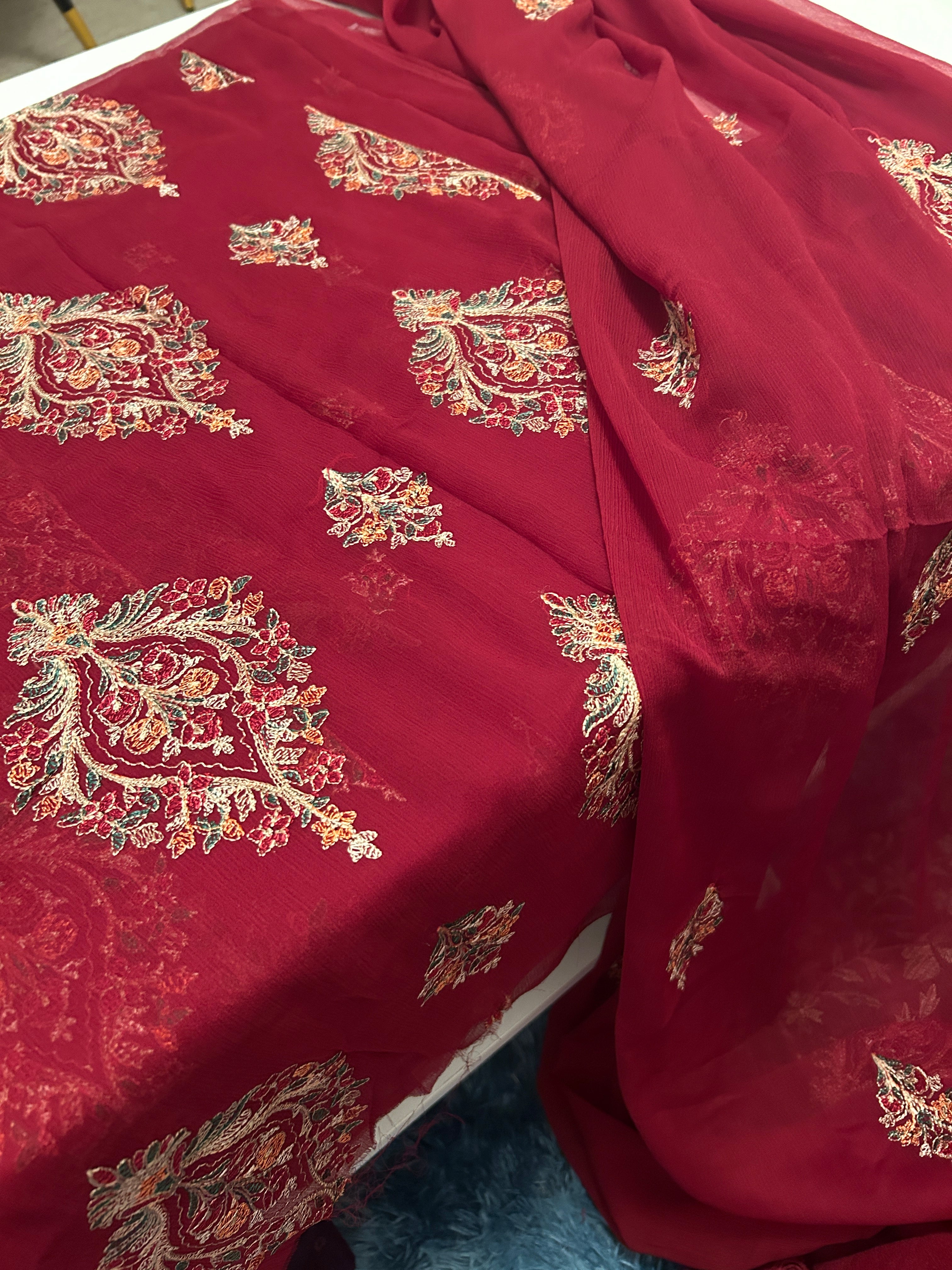 Chiffon Unstitch Dresses 4Pc Maroon Bareez Style