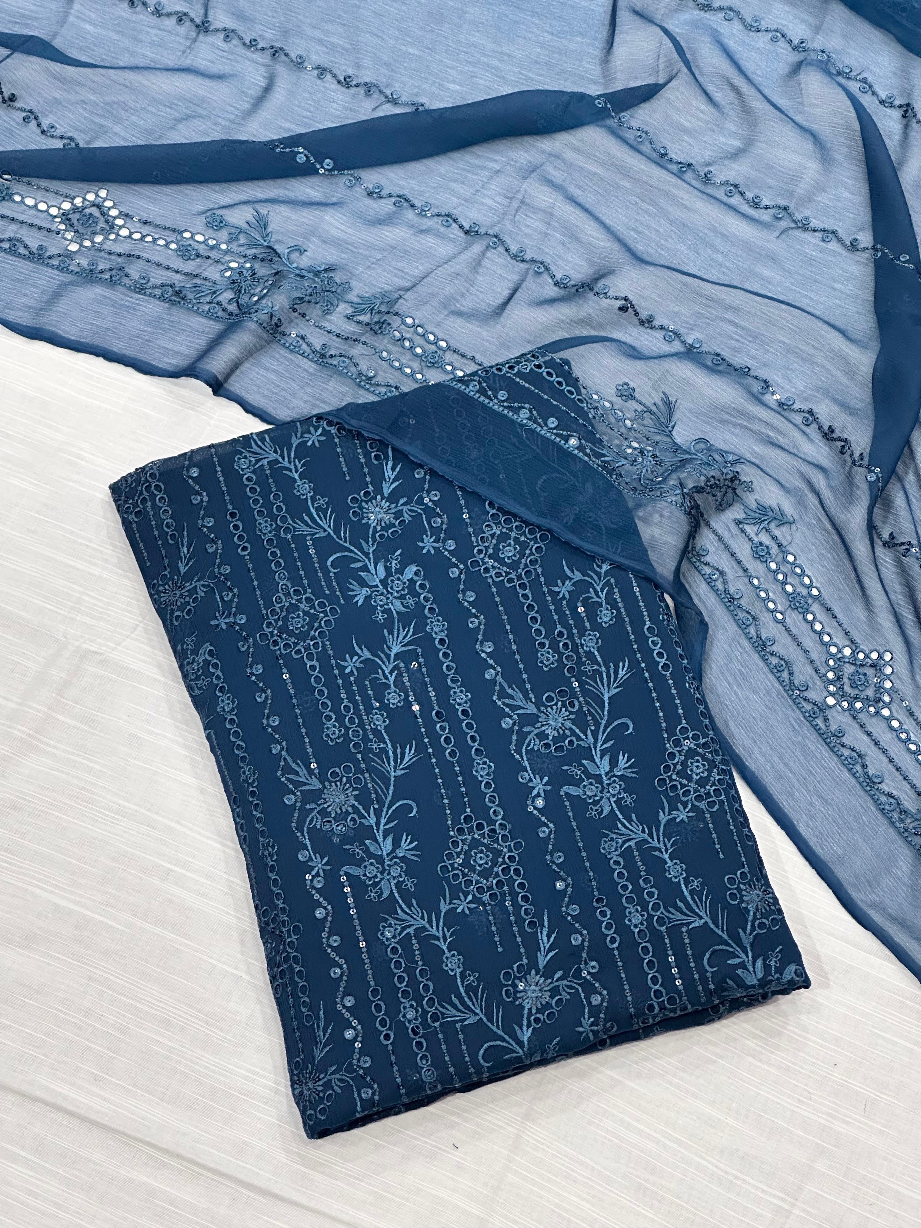 Teel Blue Pure china Crinkle Unstitch Suit