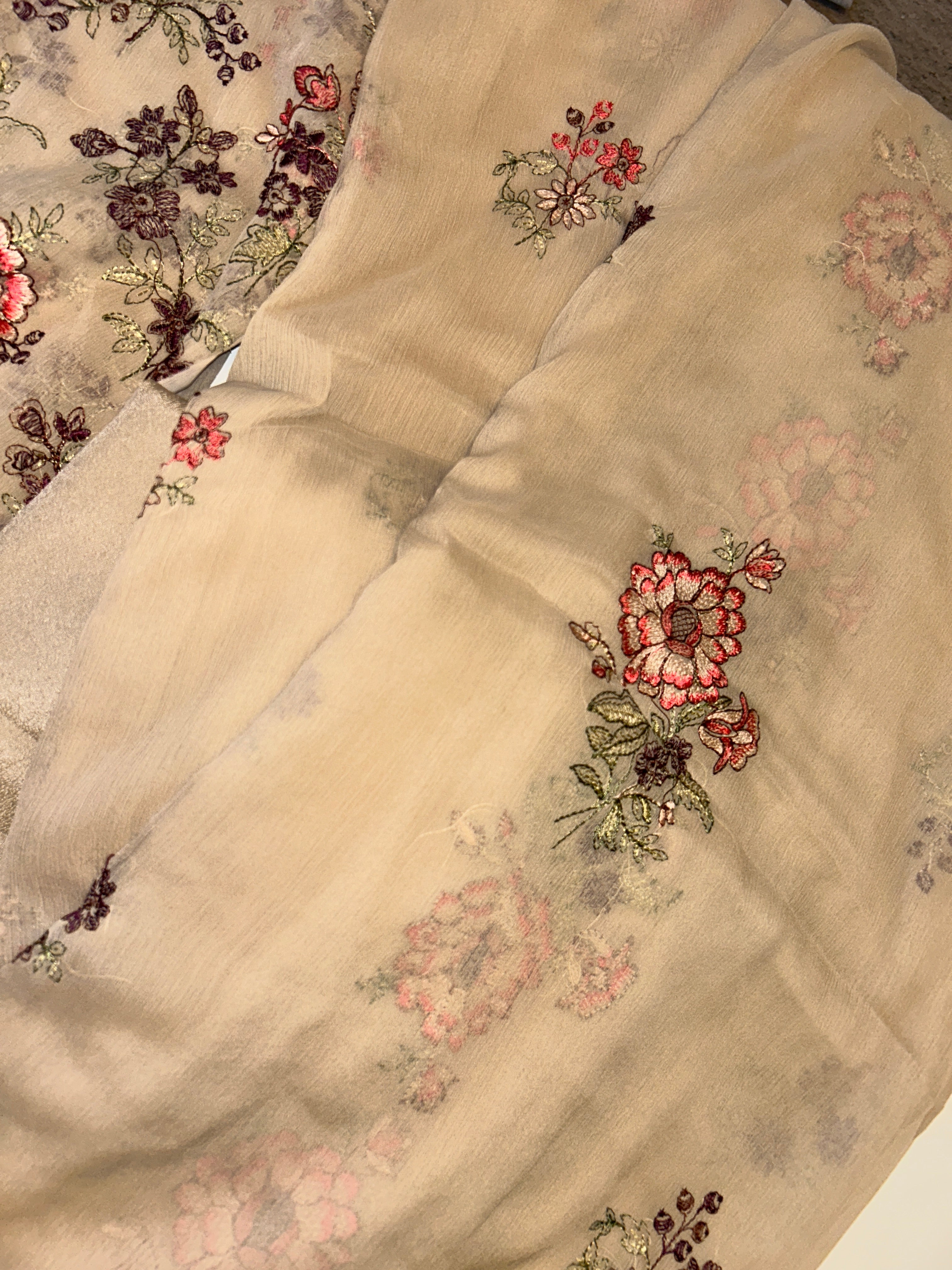 Luxury Pure Chiffon 4 Piece Unstitched Suit Bareeze Style Beige Color