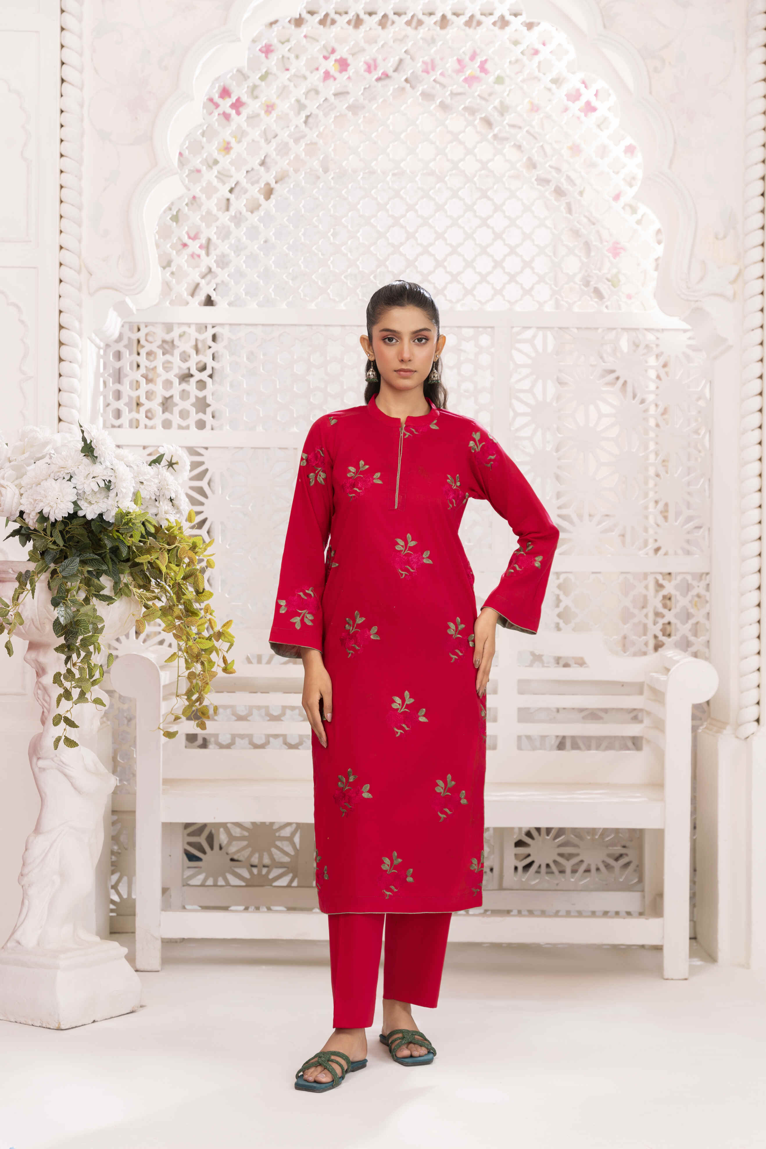 Red Embroidered Lawn
