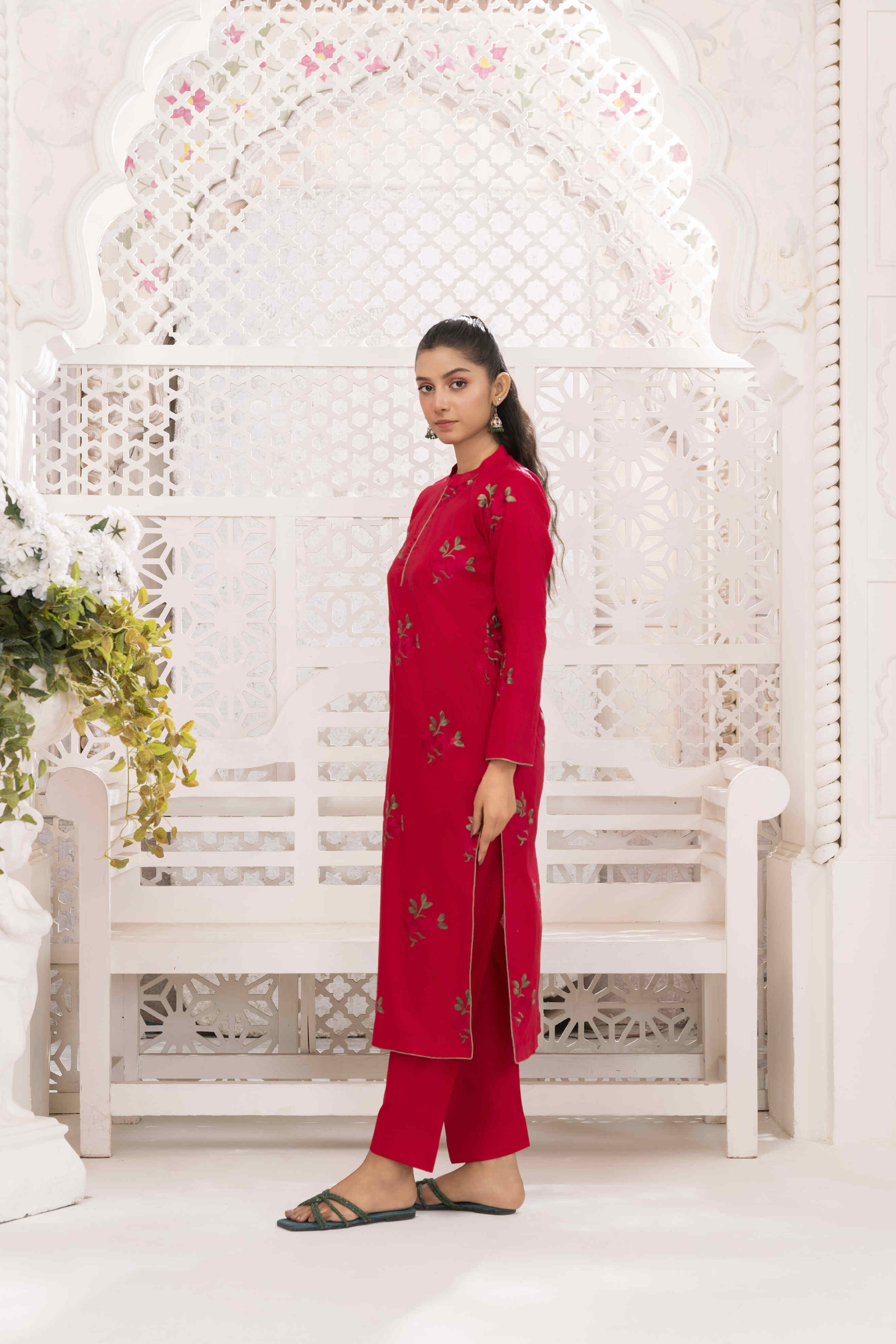 Red Embroidered Lawn