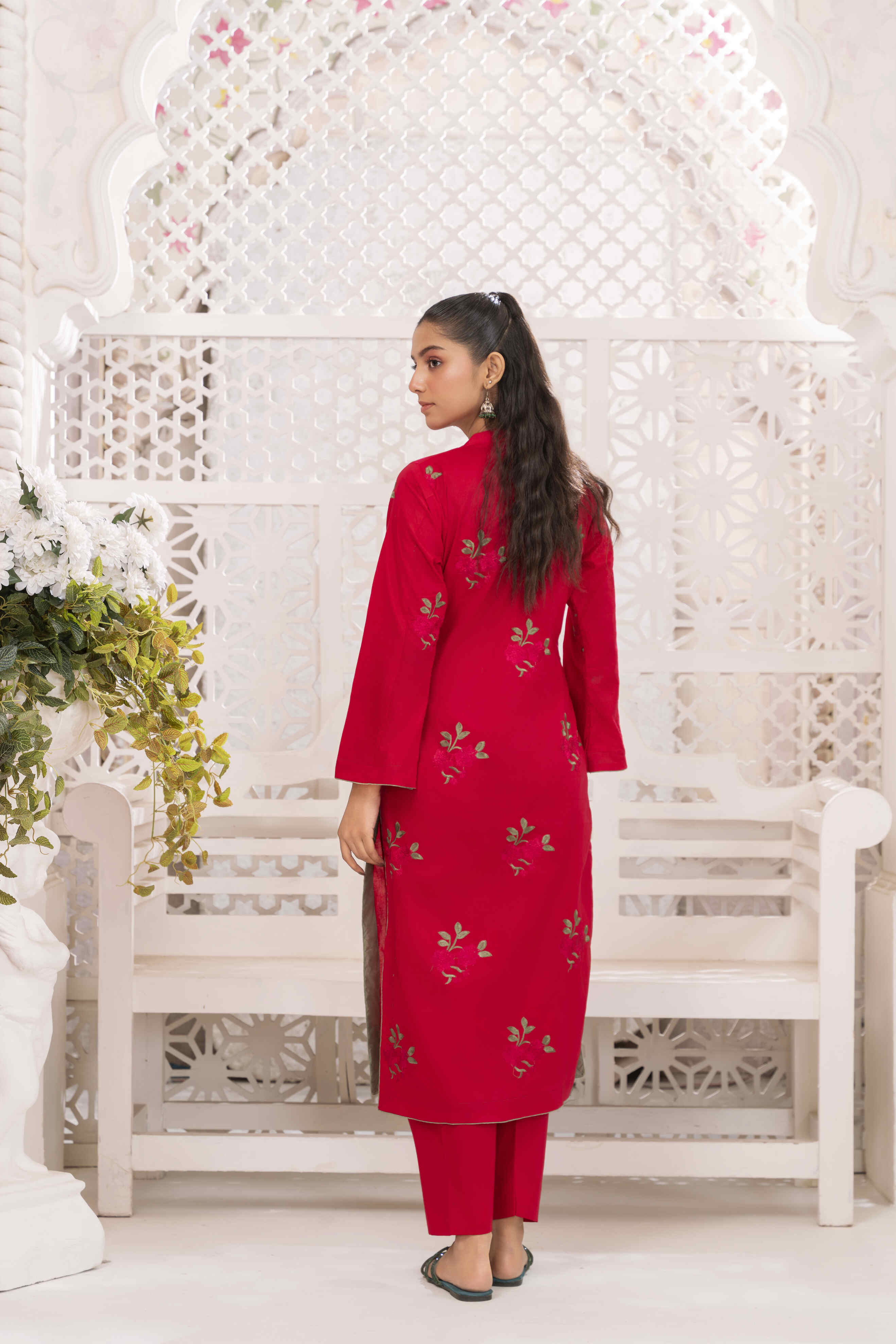 Red Embroidered Lawn