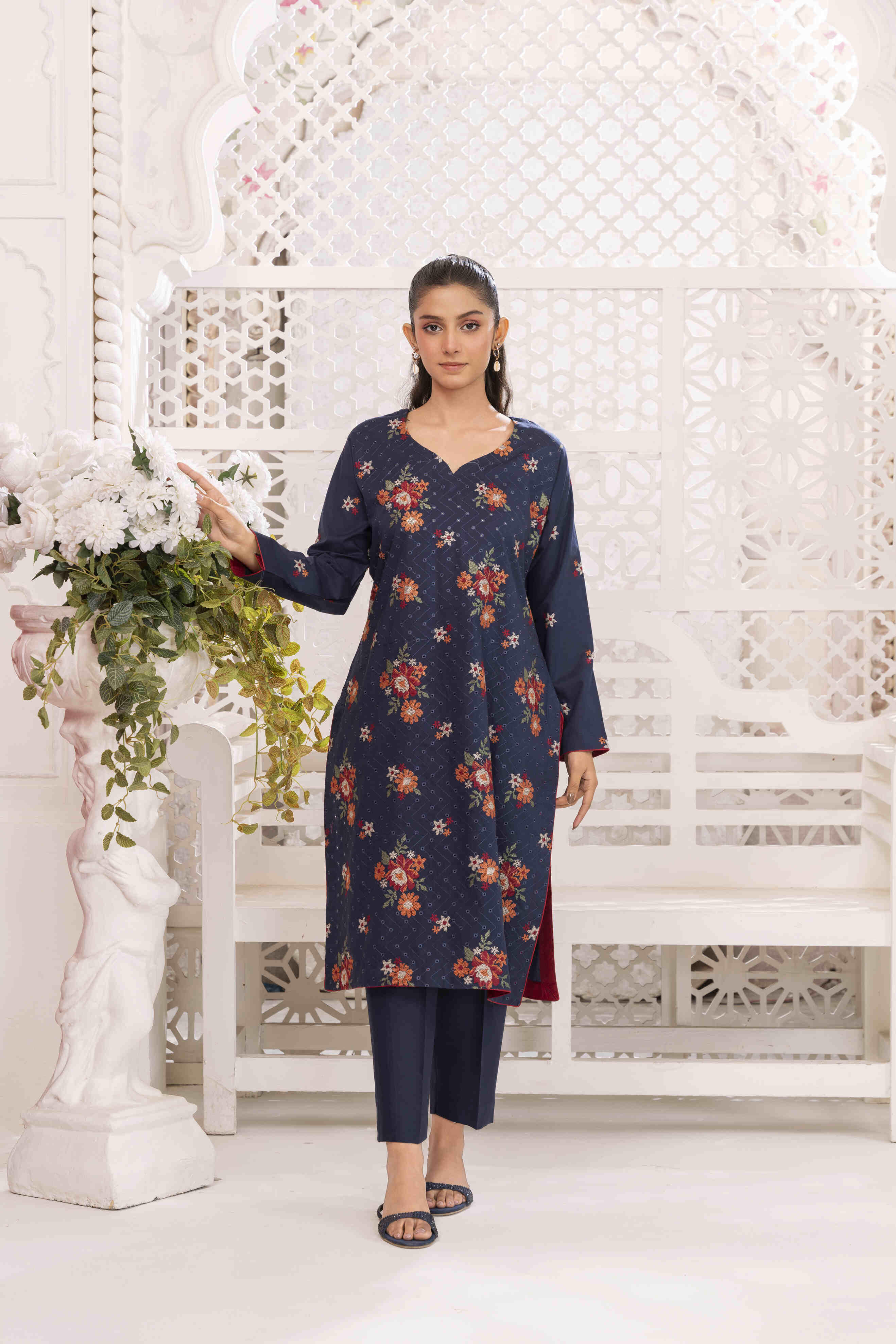 Dark Blue Embroidered Lawn