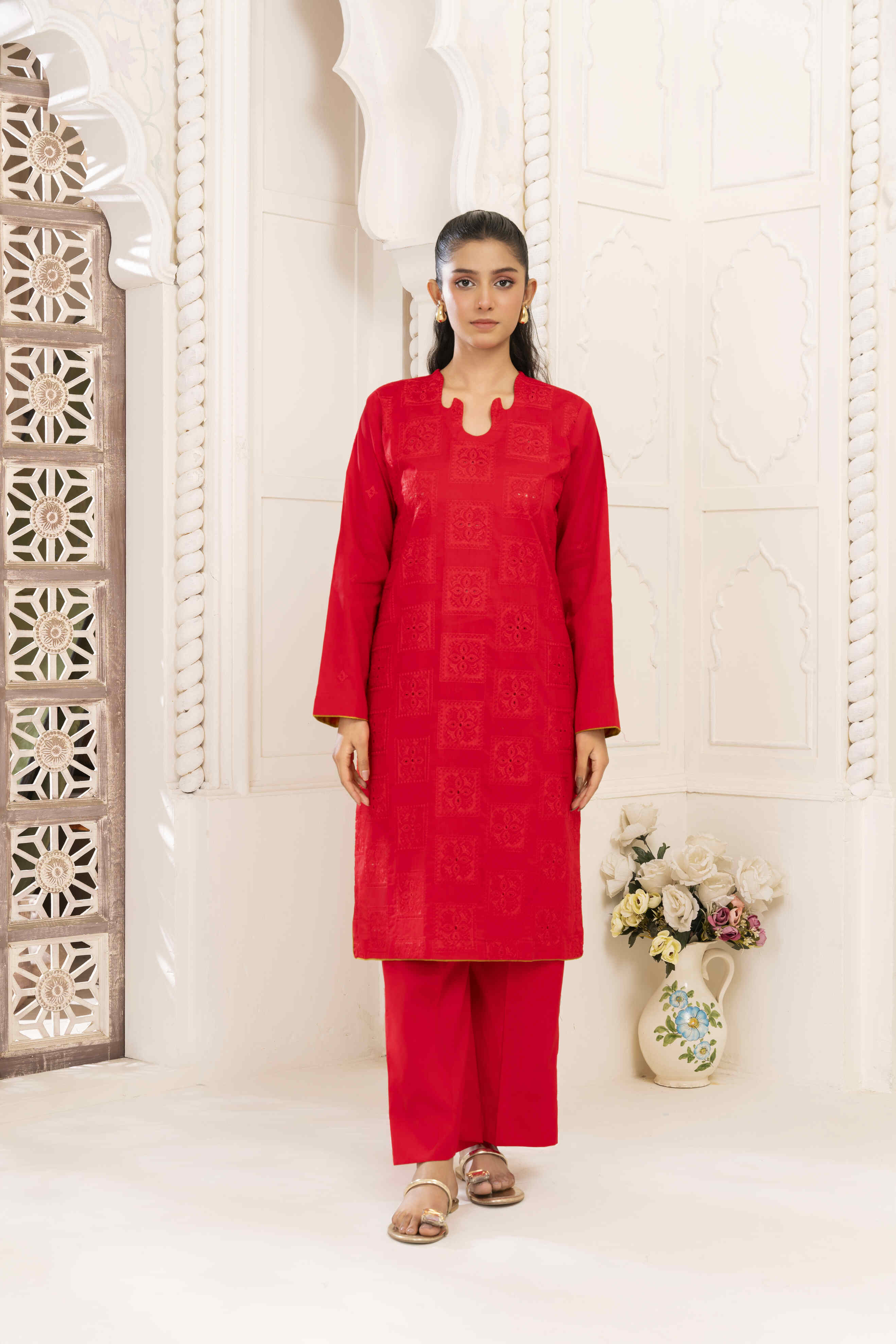 Plain Red Embroidered Lawn