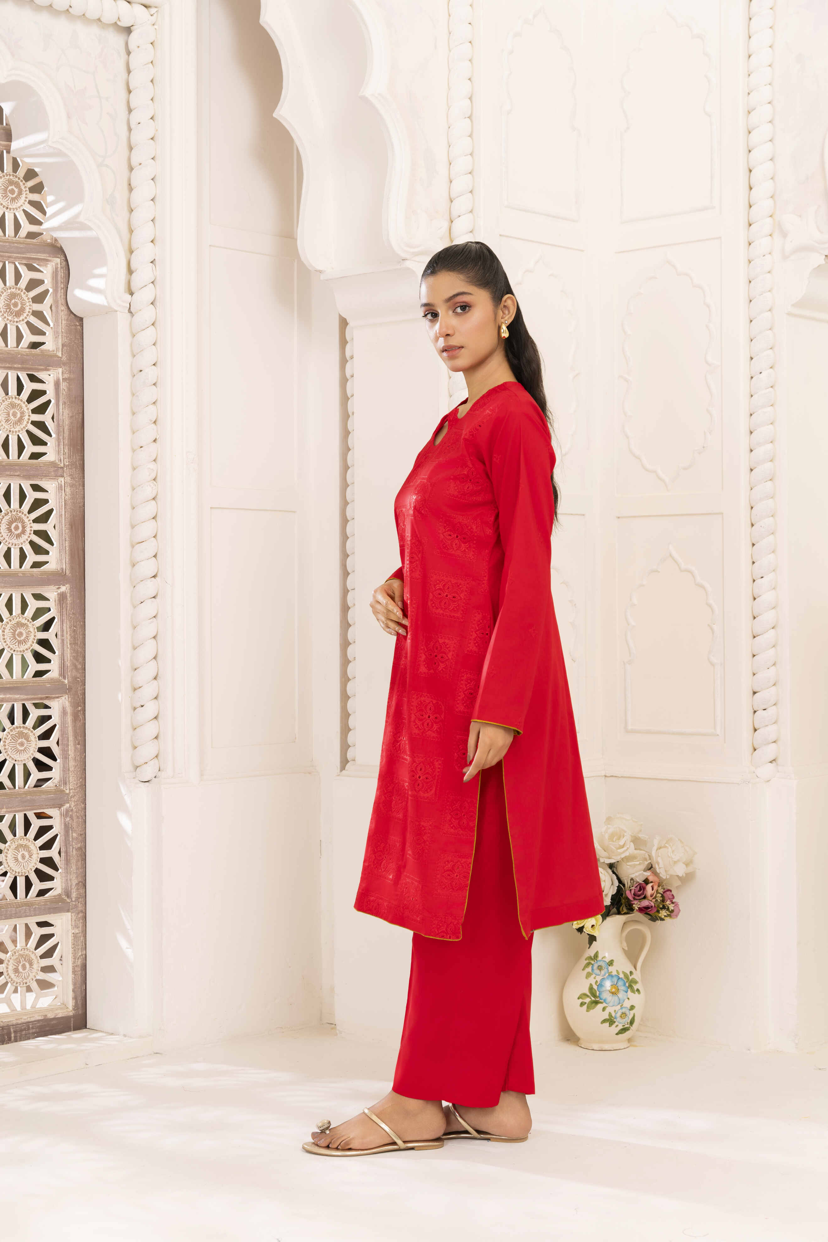 Plain Red Embroidered Lawn