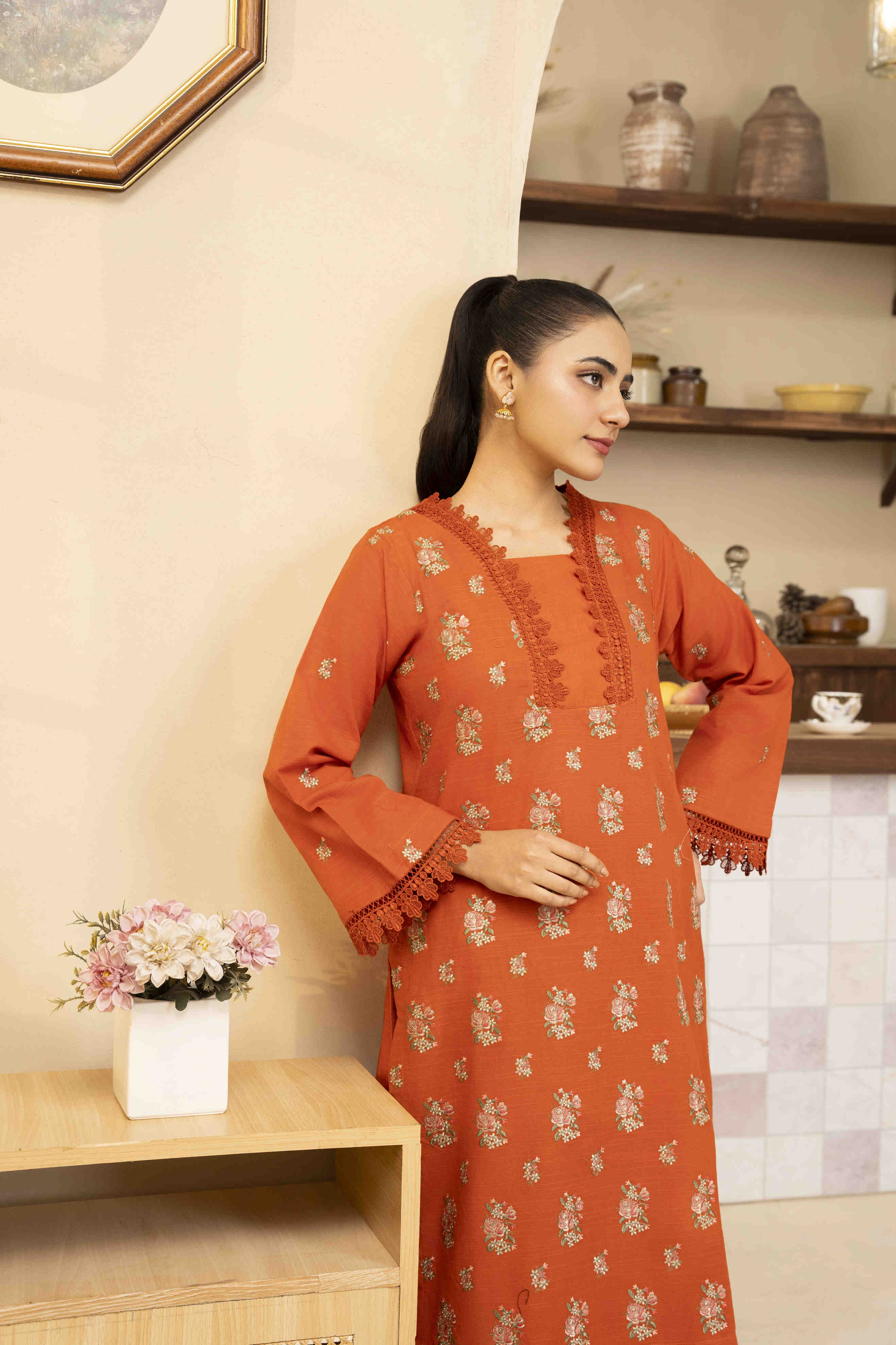 Orange Embroidered Lawn