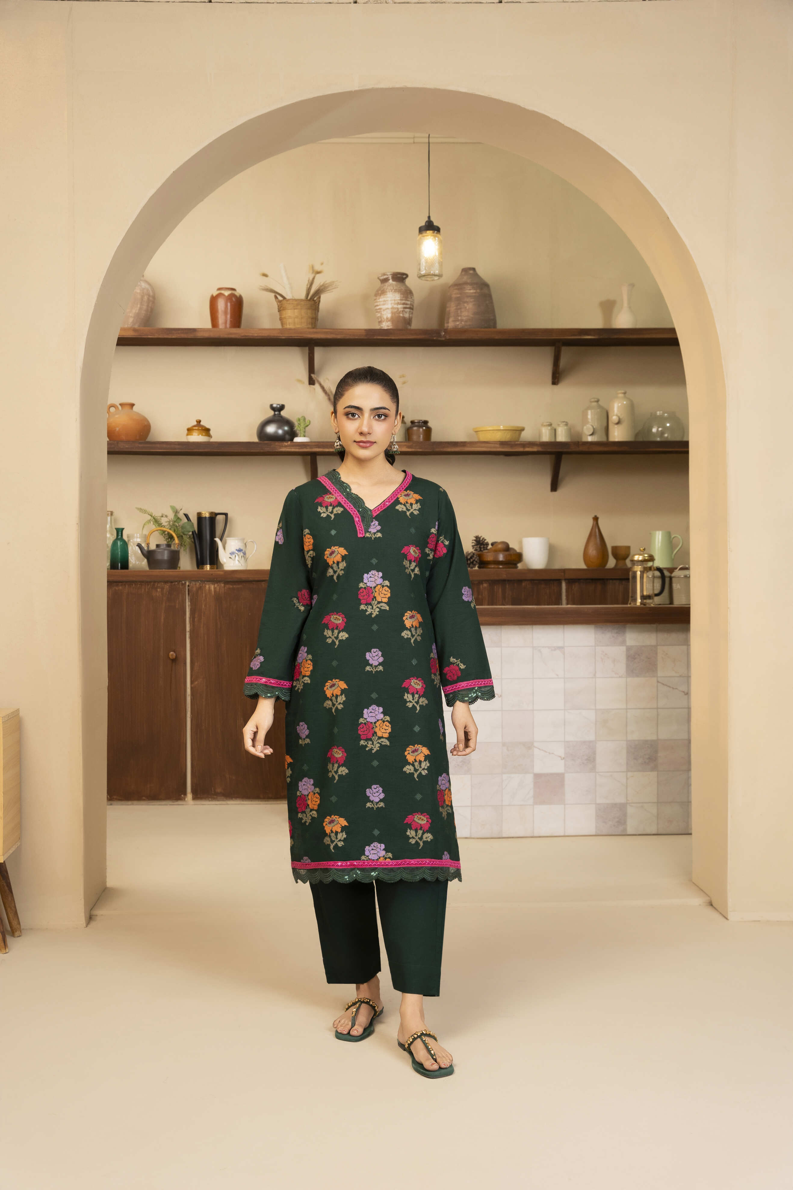 Dark Green Embroidered Lawn
