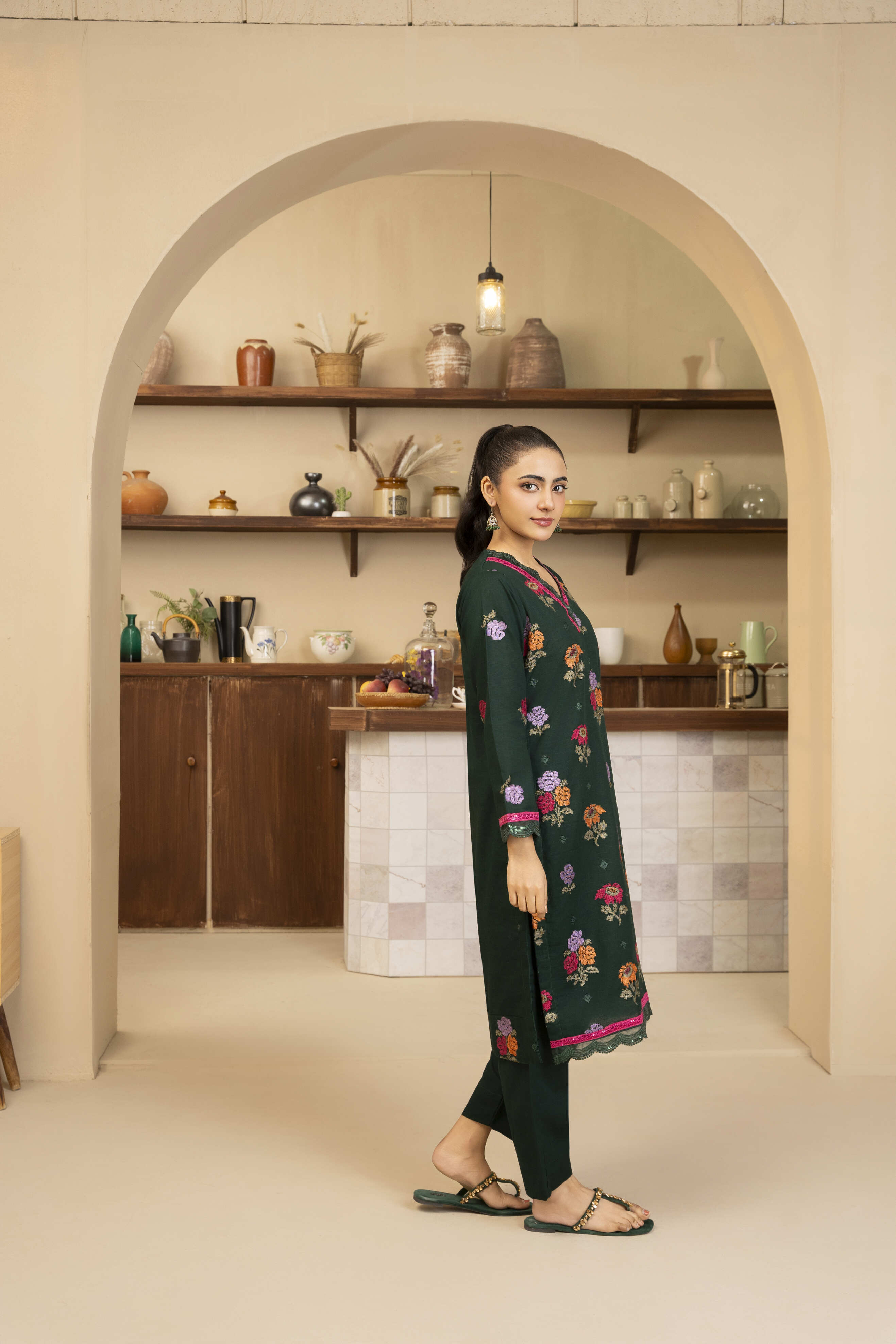 Dark Green Embroidered Lawn