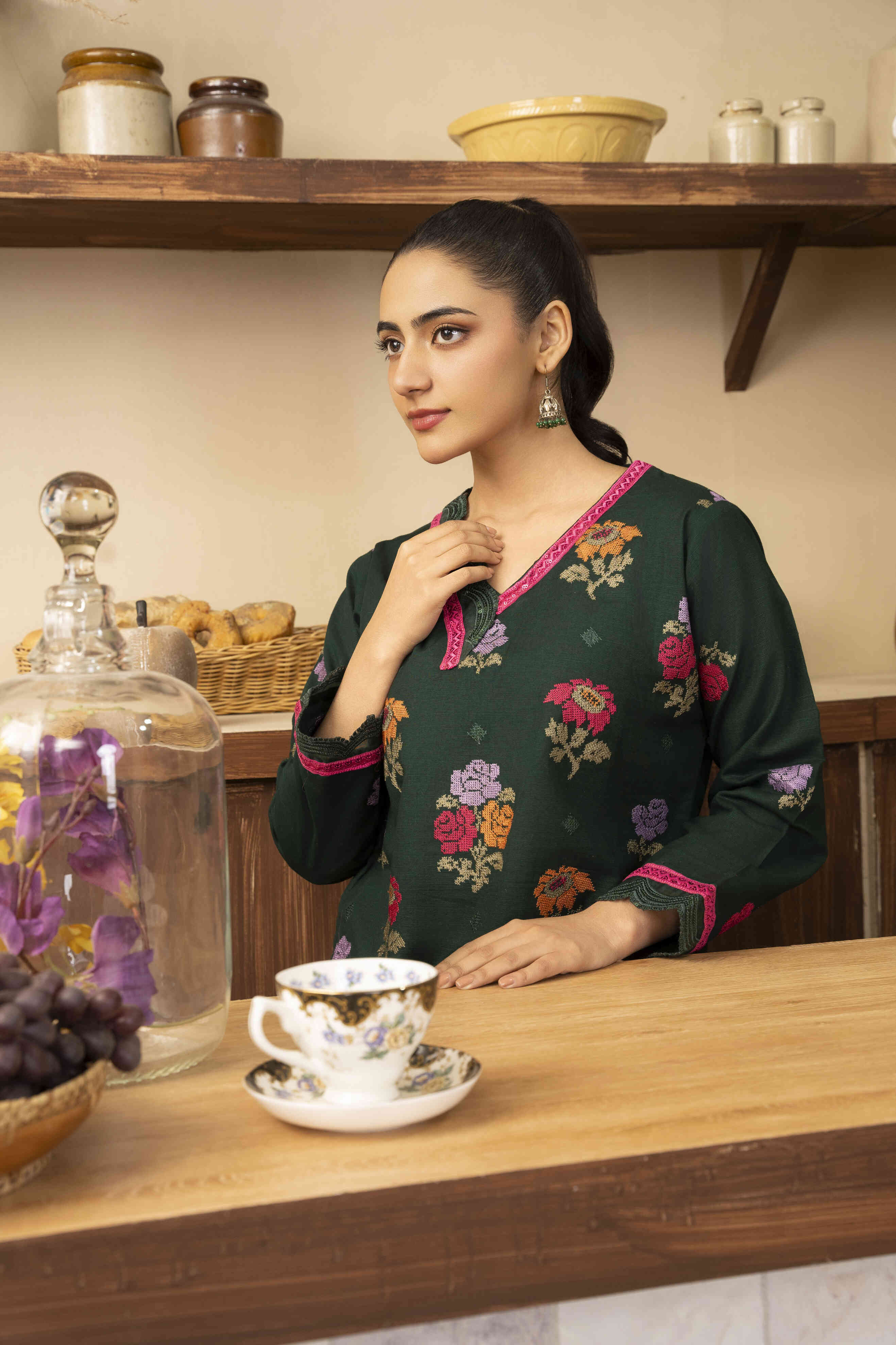 Dark Green Embroidered Lawn