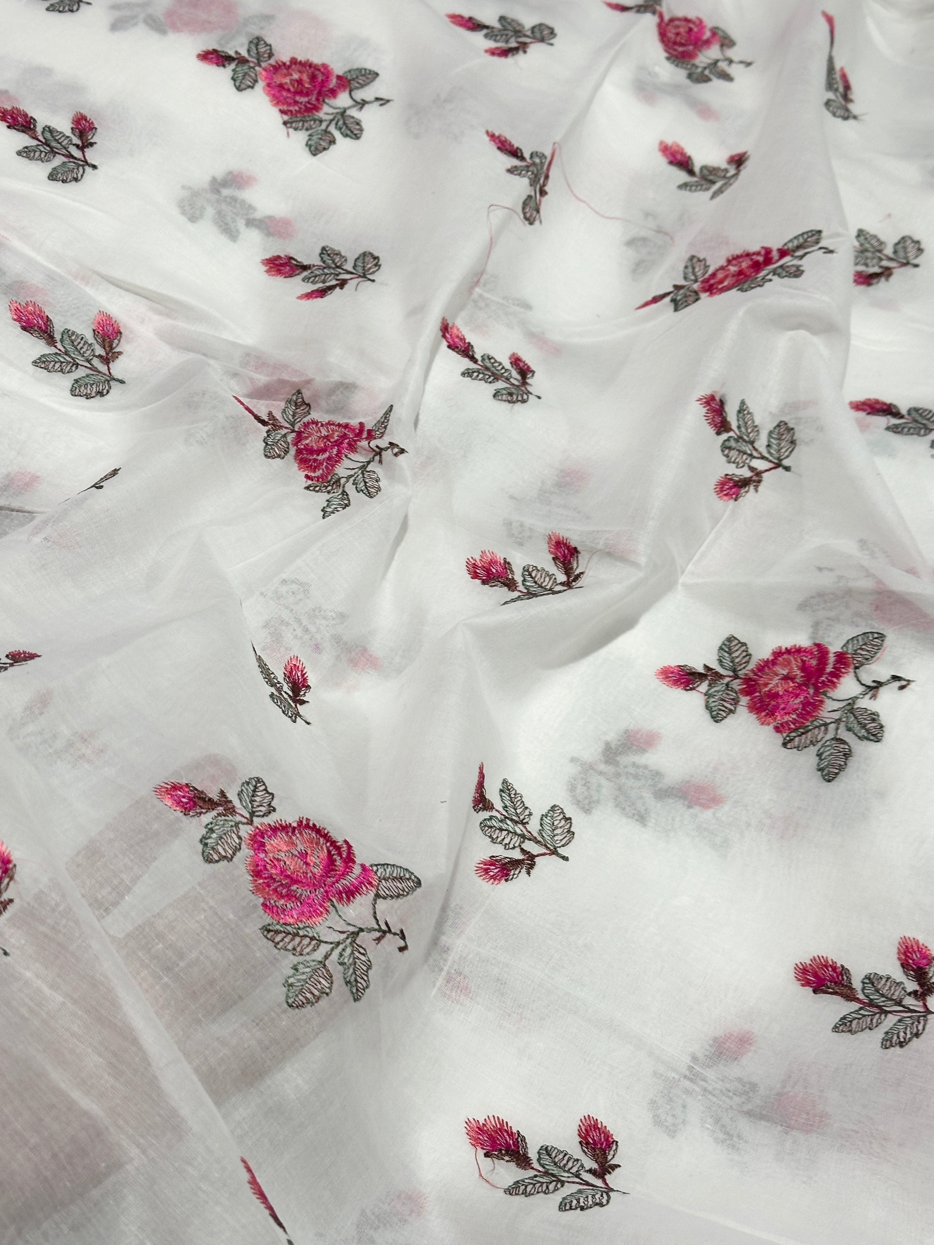 Embroidered Lawn Dupatta With Pink Rose Floral Design