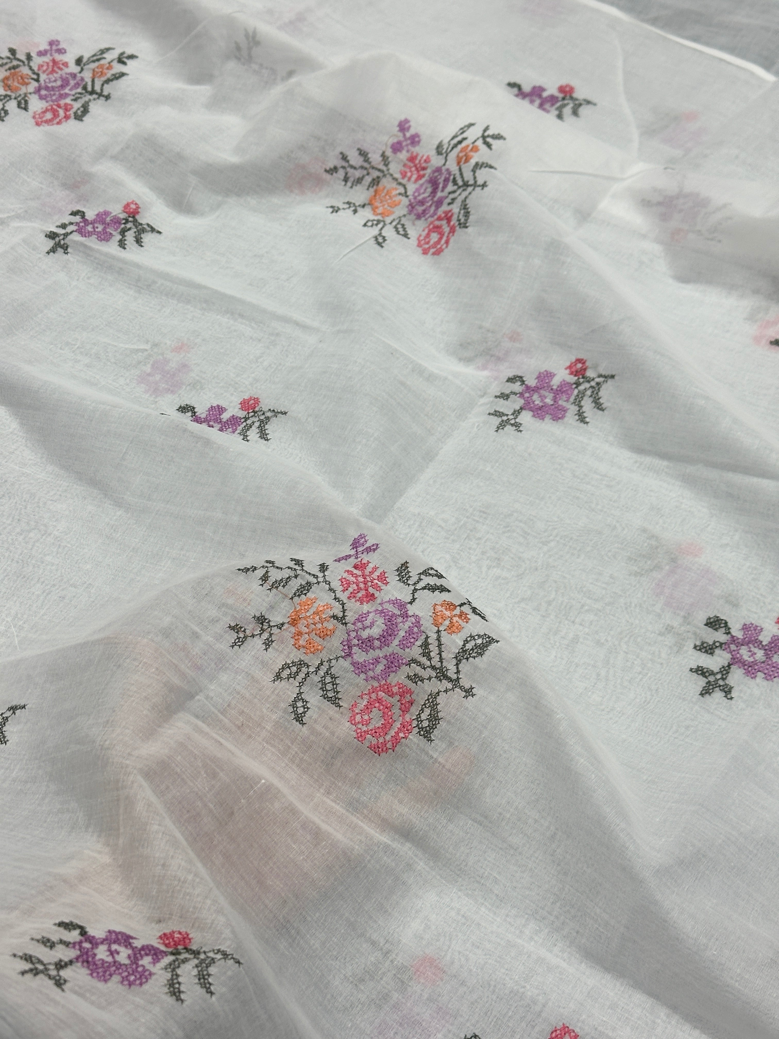 Embroidered Lawn Dupatta With Multicolor Floral Motifs