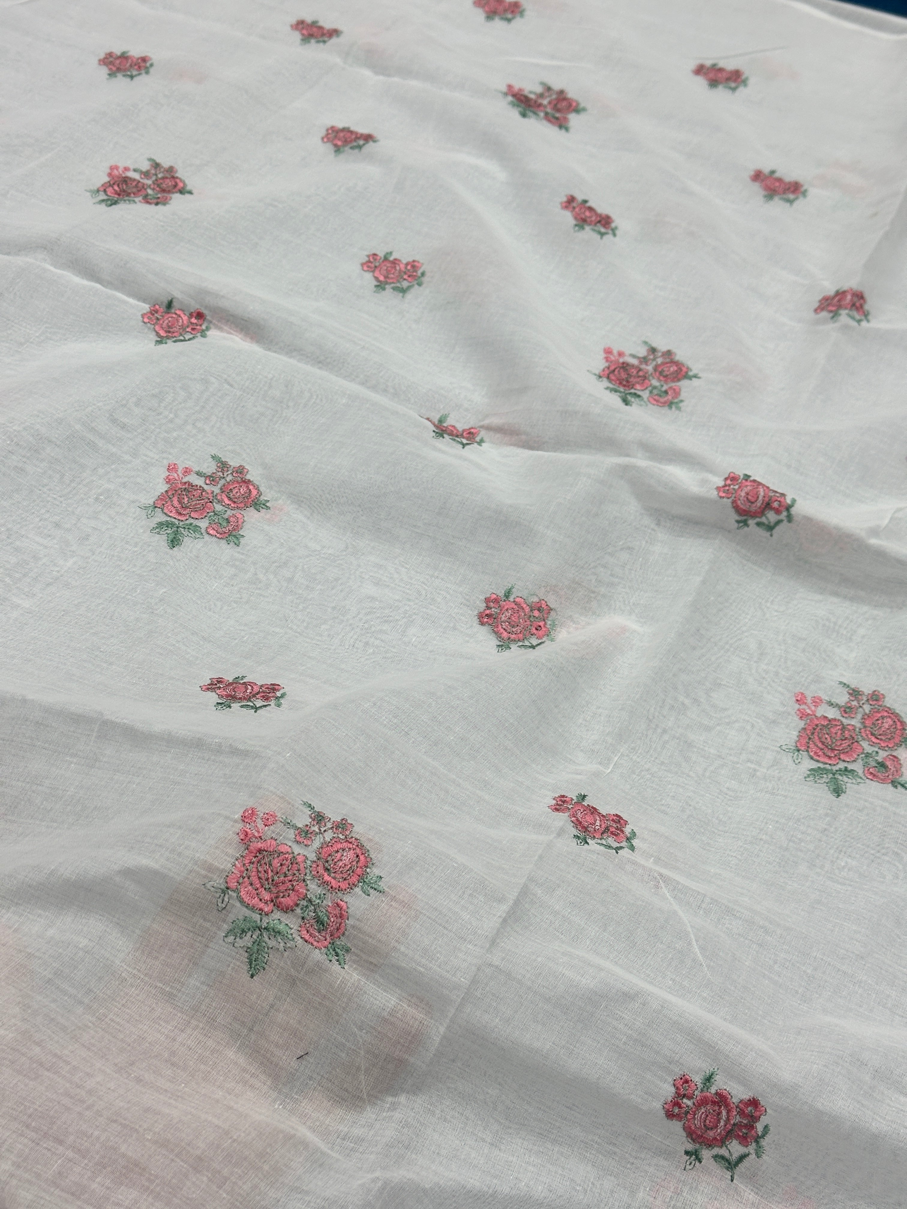 Embroidered Lawn Dupatta With Pink Rose Floral Motifs