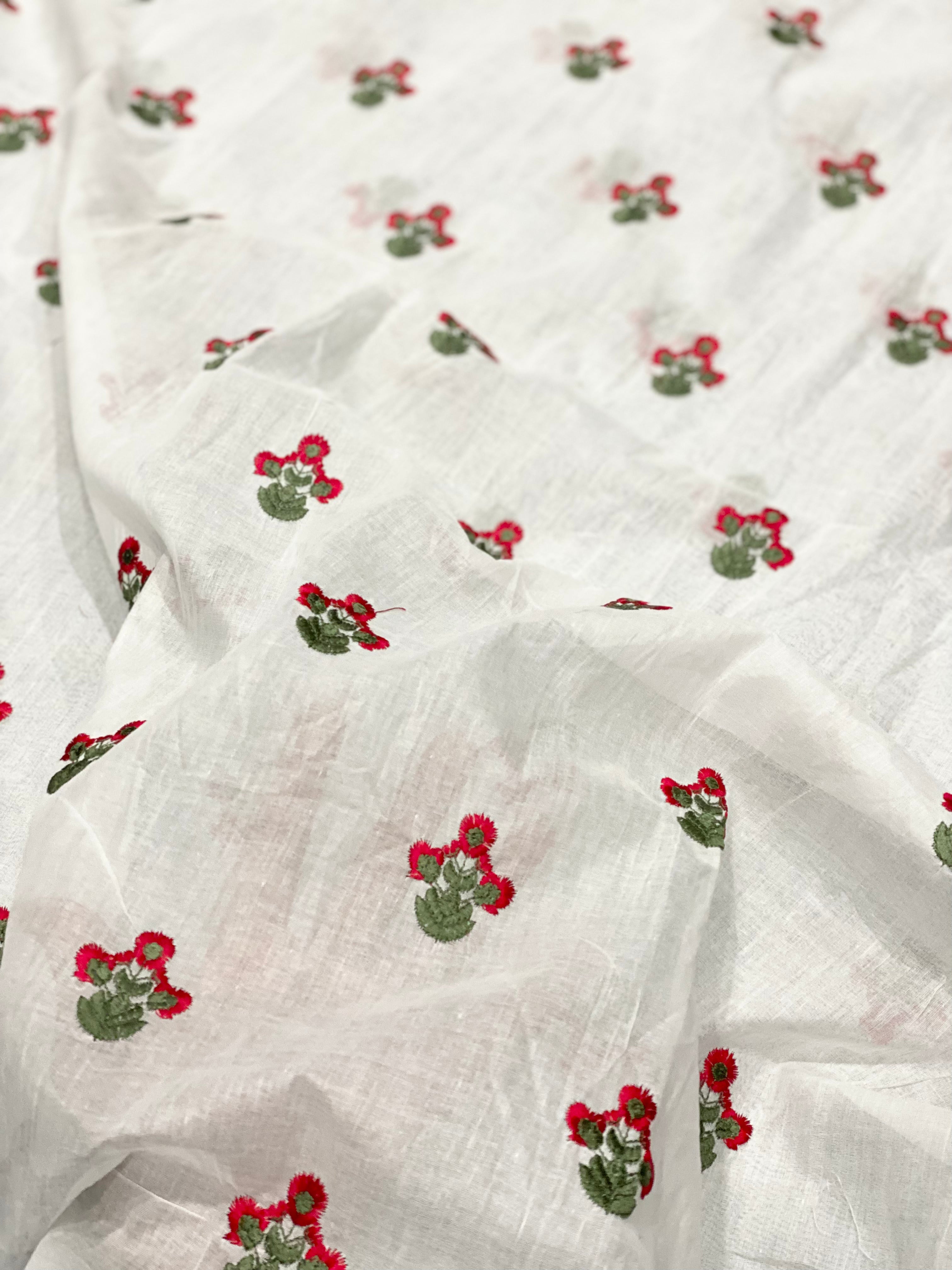 White Lawn Dupatta With Green And Red Ethnic Embroidery