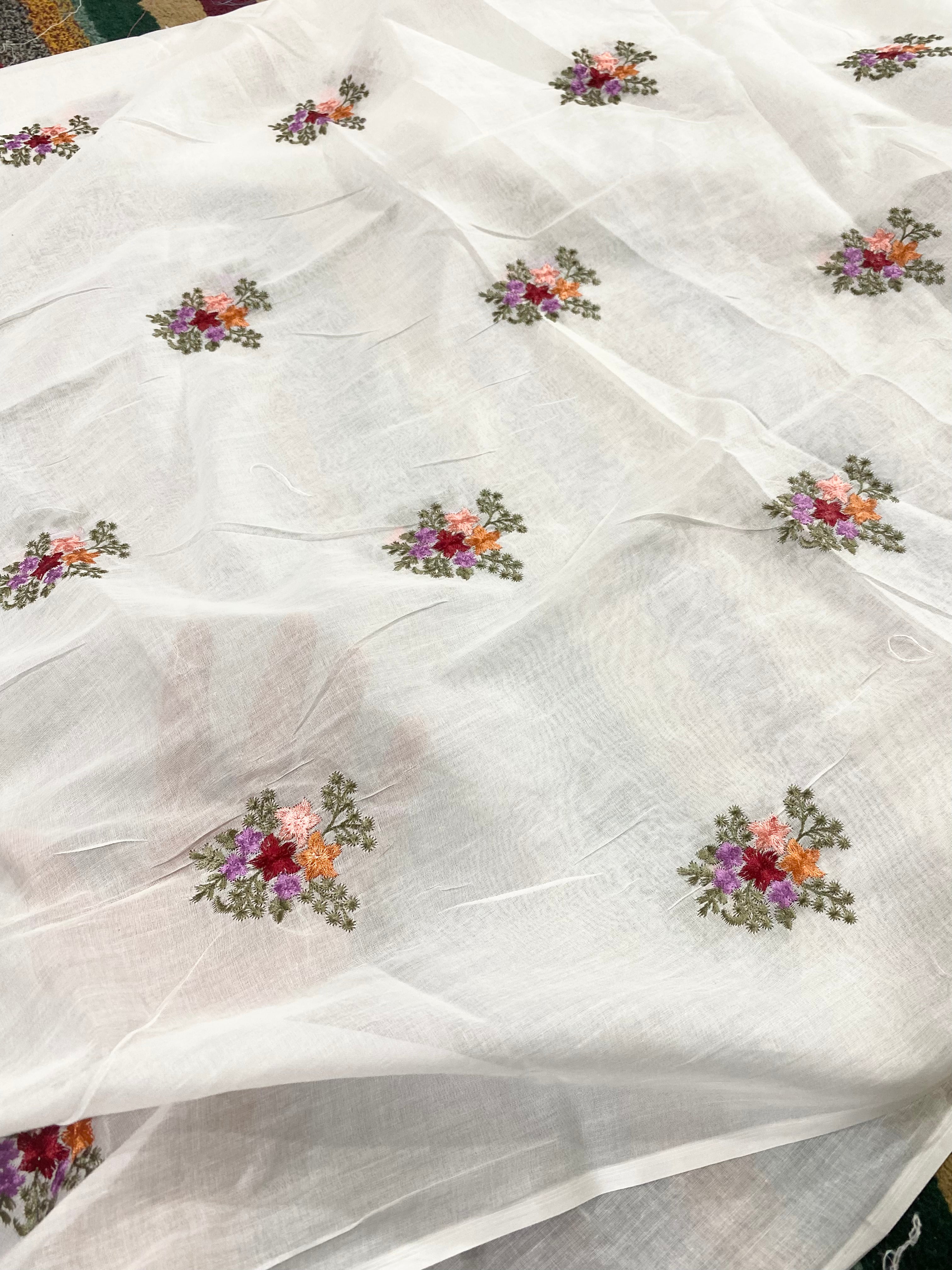 White Chanderi Lawn Dupatta With Pink Floral Embroidery