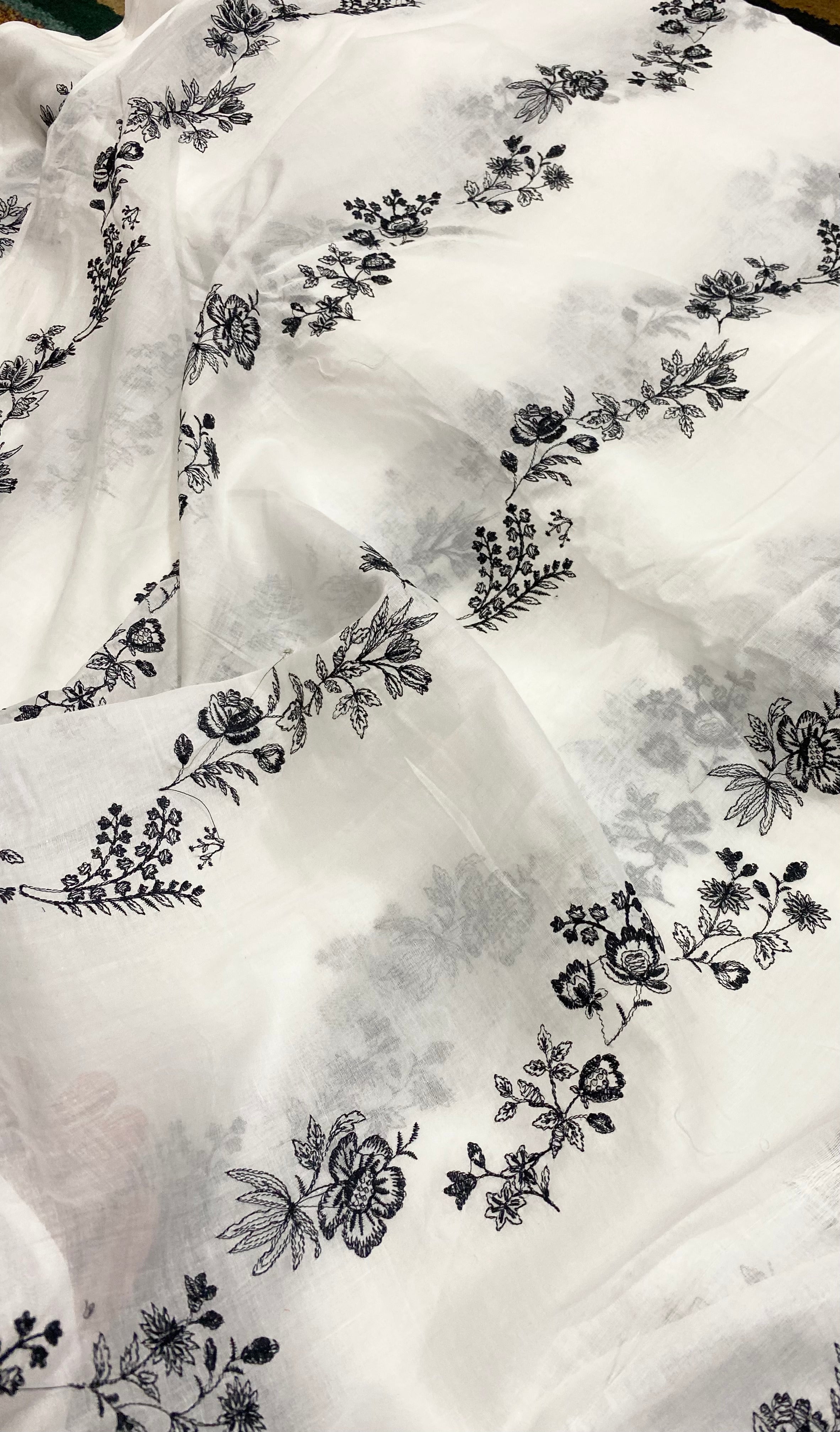 White Lawn Dupatta With Black Floral Embroidery
