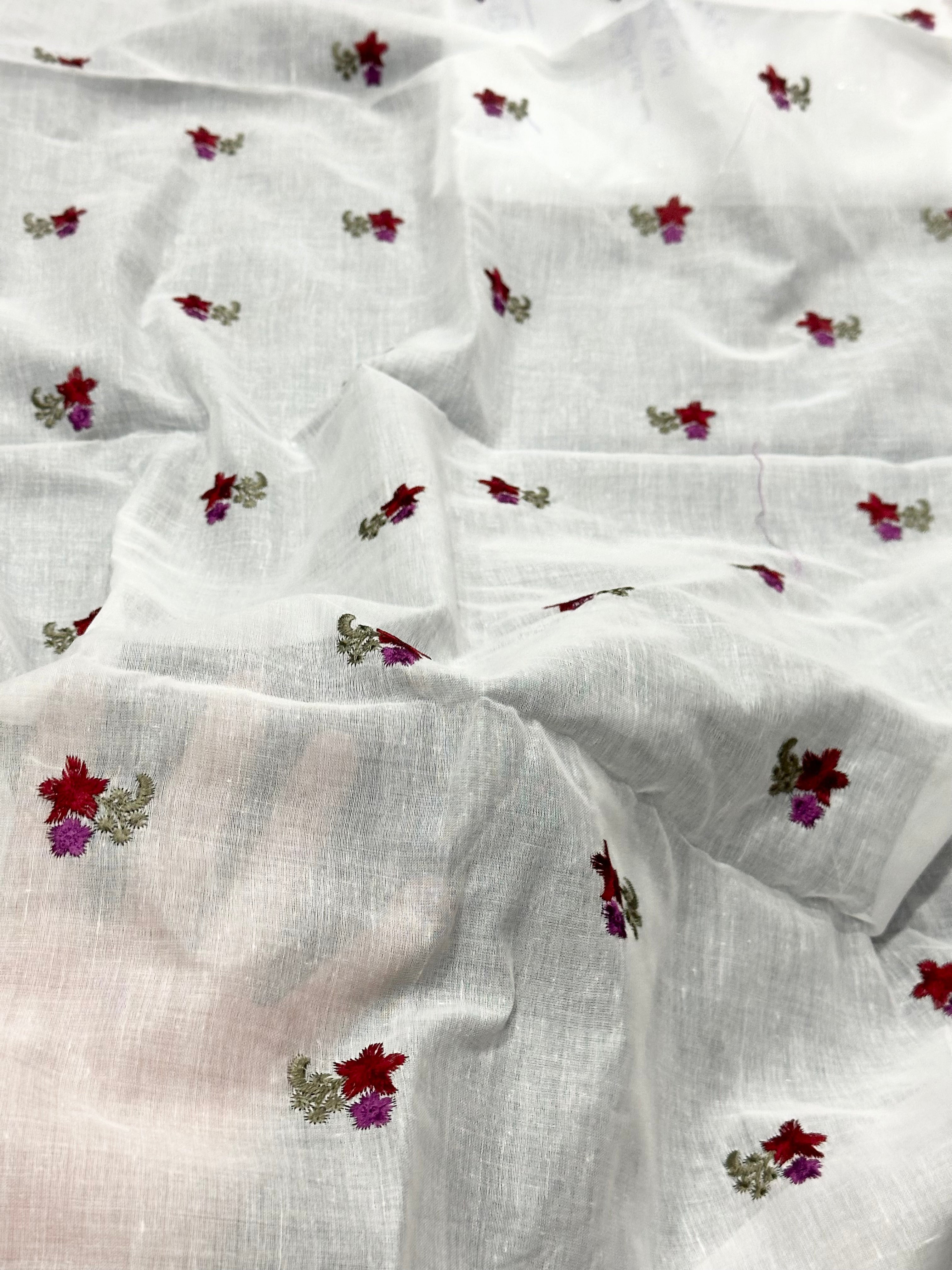 White Lawn Dupatta With Red & Purple Floral Embroidery