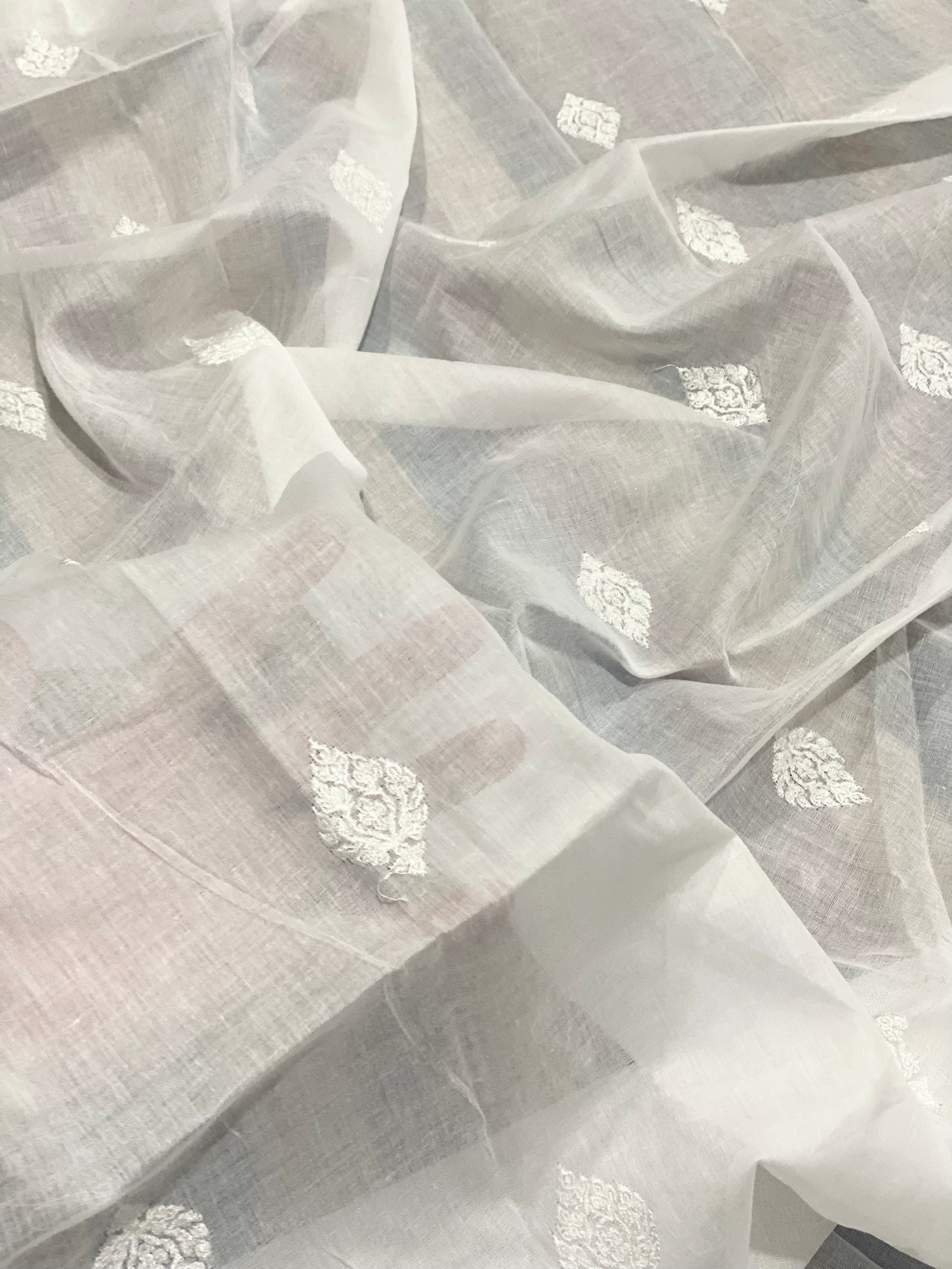 White Lawn Dupatta With Black Floral Embroidery