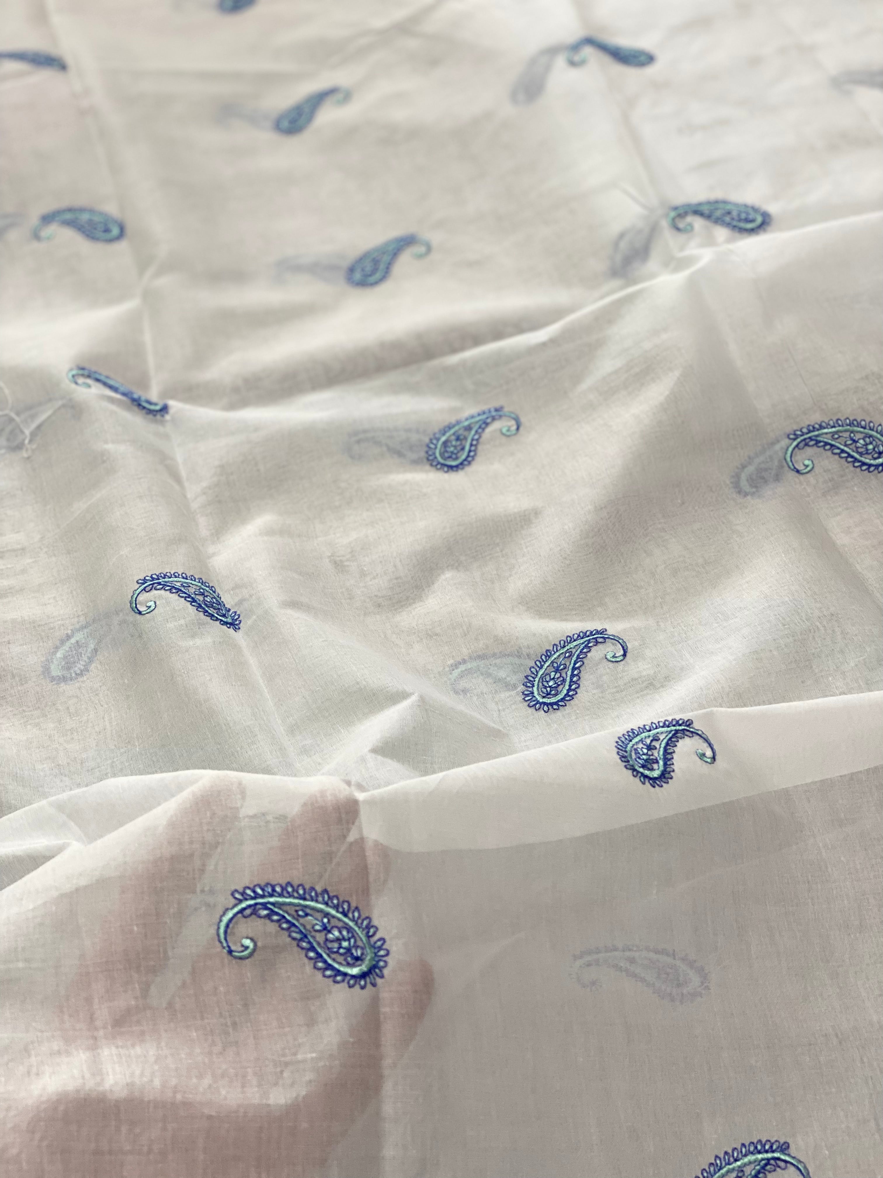 White Lawn Dupatta With Blue Floral Embroidery