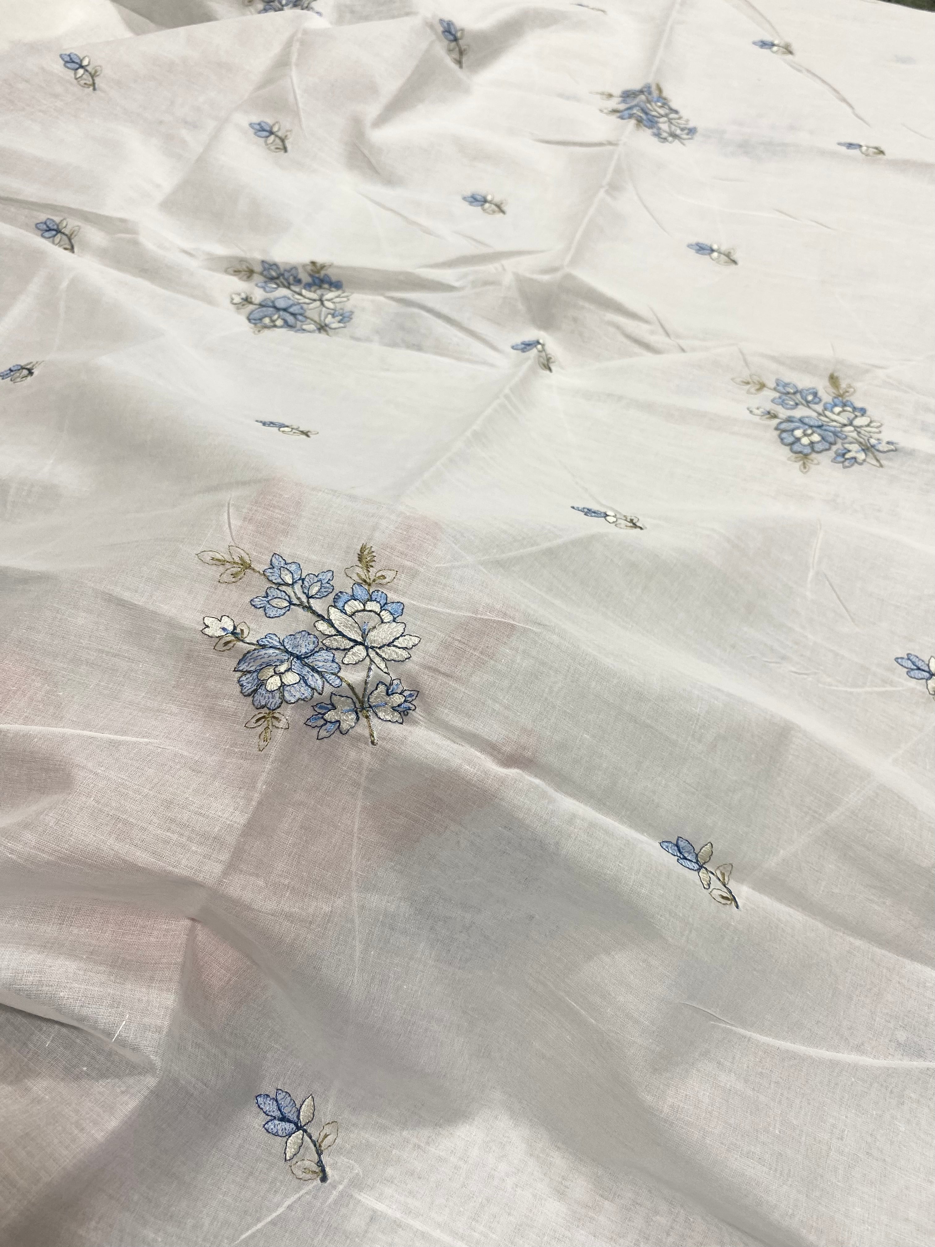 White Lawn Dupatta With Blue Paisley Embroidery